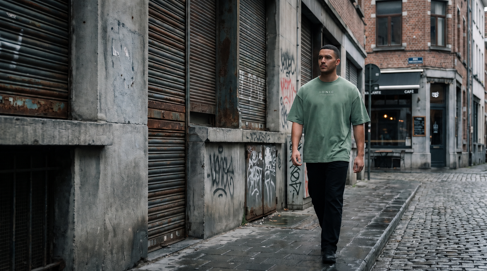 Model wearing the IONIC Column Tee in Bean Green on a city street