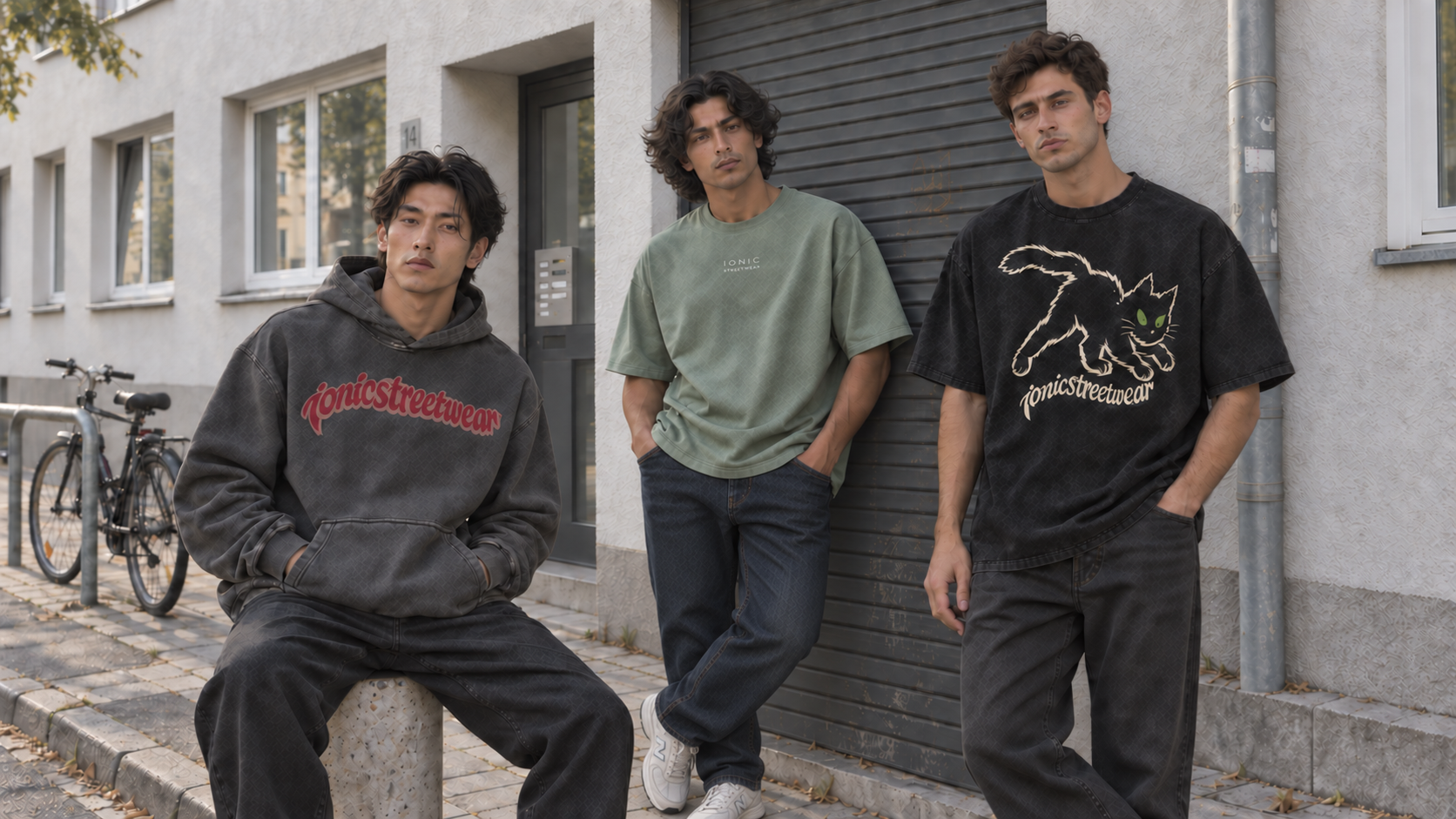 Three men wearing IONIC streetwear on a German city street
