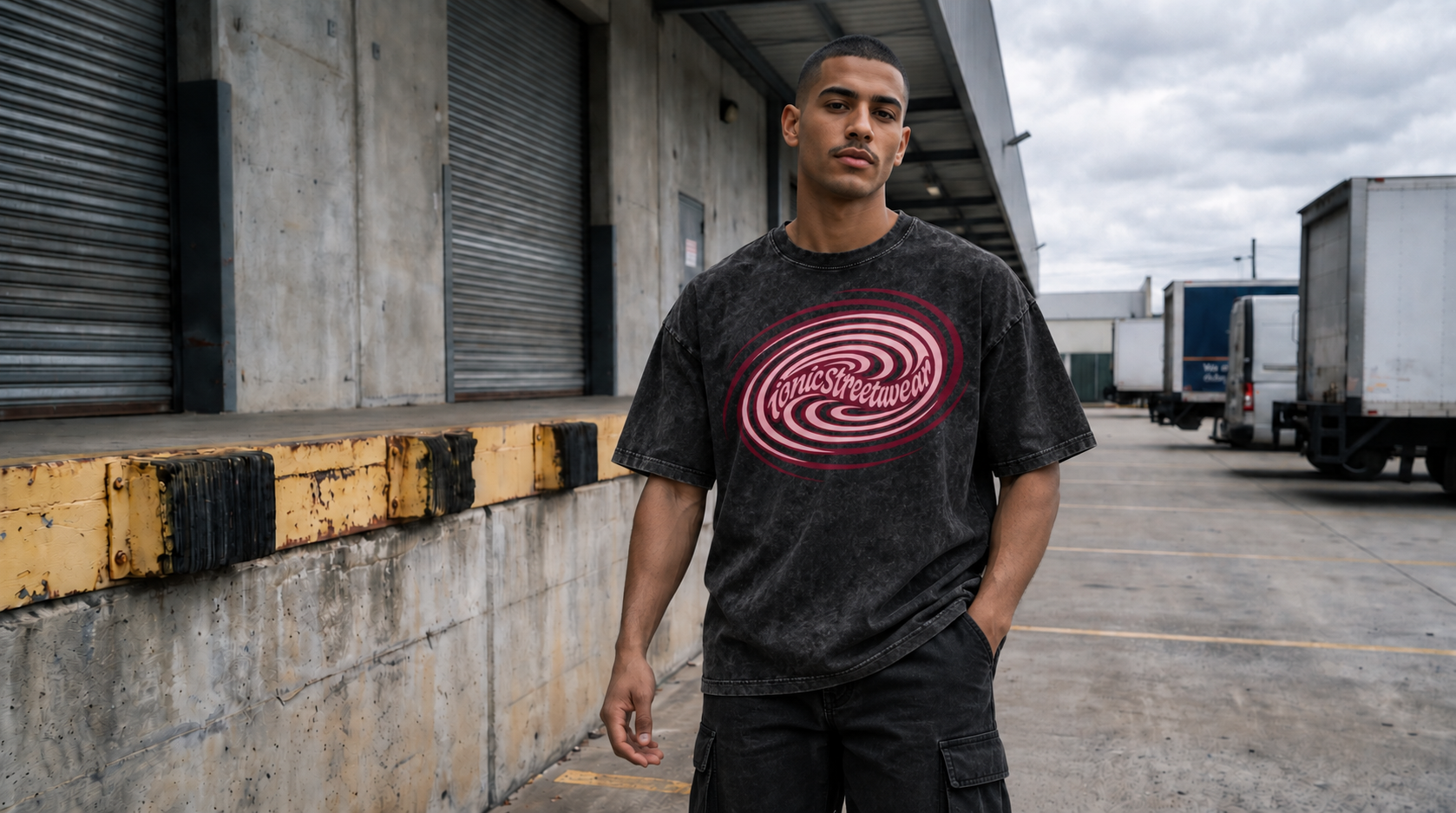 Model wearing the black IONIC Oxblood Orbit Tee with pink spiral artwork at an industrial loading bay